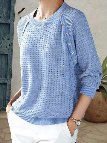 

Casual and simple long-sleeved round-neck hollow thin sweater, Blue, Sweaters & Cardigans