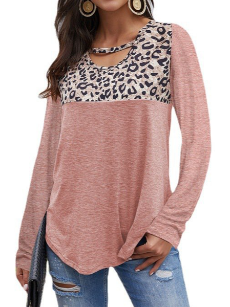 

Casual Crew Neck Leopard Shirts & Tops, Pink, Long sleeve tops