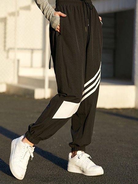 Geometric Cotton-Blend Casual Sports Pants, Black, Sport Pants