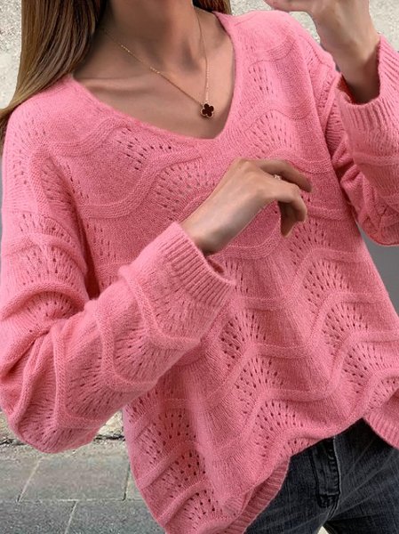 

Casual and simple plain V-neck long-sleeved hollow knitted thin stretchy sweater, Pink, Sweaters & Cardigans