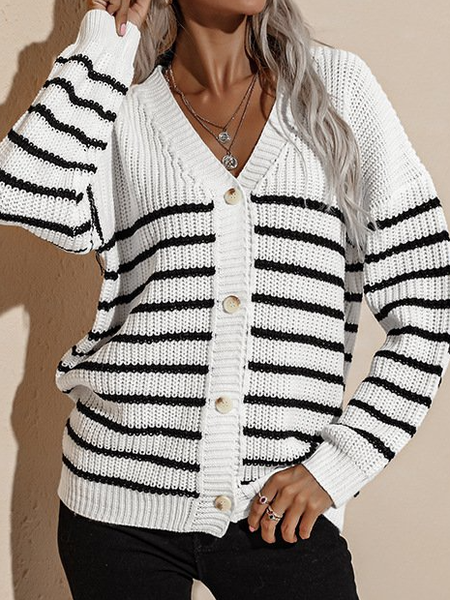 

Long Sleeve Stripes V Neck Sweater, White, Sweaters
