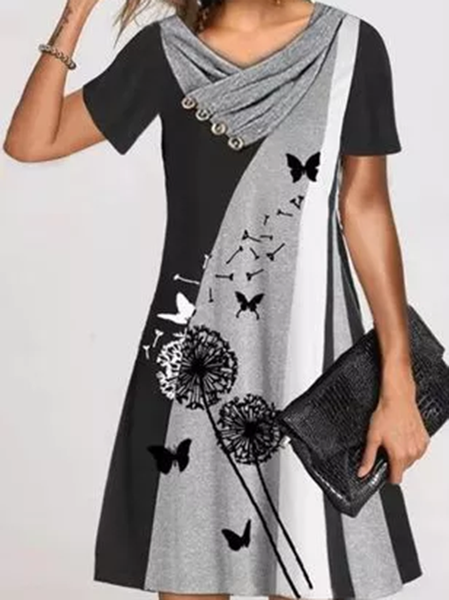 

Short Sleeve Cotton-Blend Dresses, Black-grey, Midi Dresses