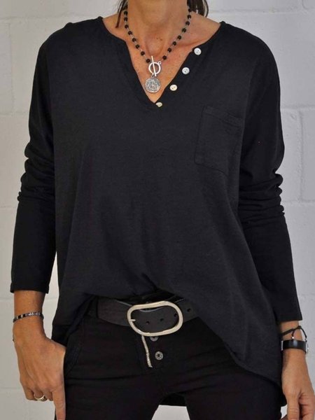 

Tinta Unita Scollo a V Maniche Lunghe Top, Nero, T-Shirts