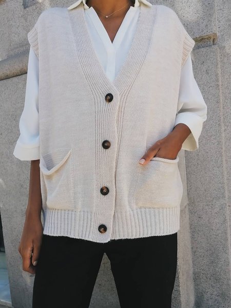 

Loose Solid V-Neck Pocket Sleeveless Holiday Sweater, Apricot, Vests & Gilets