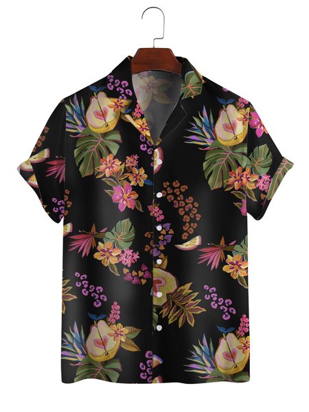 

Tropical Plants Graphic Casual Short Sleeve Men's Shirt, Black, Short Sleeves Shirts