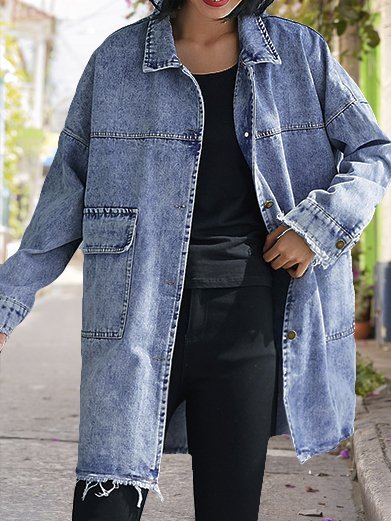 

Casual retro style lapel long-sleeved mid-length denim coat, Blue, Outerwear