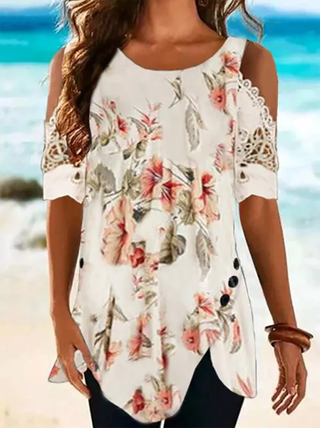 

Maniche Corte Floreale Top, Albicocca, T-Shirts