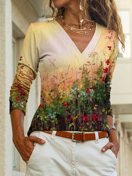 

Long Sleeve Casual Cotton-Blend V Neck Shirts & Tops, Multicolor, Long sleeve tops