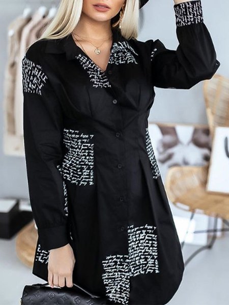 

Letter Long Sleeve Elegant Dress, Black, Mini Dresses