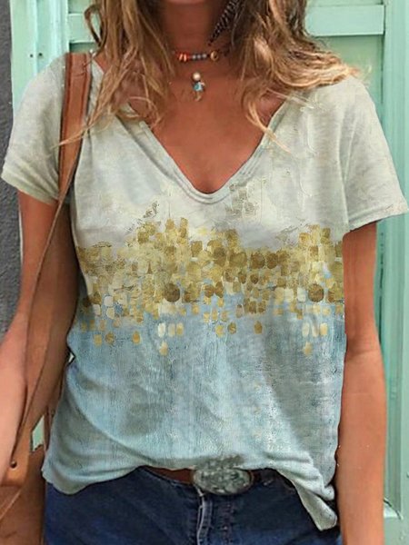 

V Neck Short Sleeve Casual T-shirt, Blue, T-Shirts