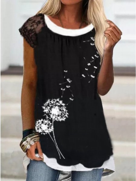 

Casuale Girocollo Stampato Maniche Corte Top, Nero, T-Shirts