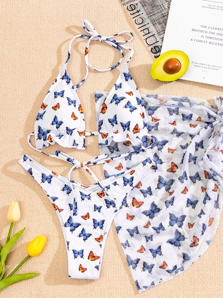 

Butterfly Print Chain Swimsuit Bikini, White, Bikinis