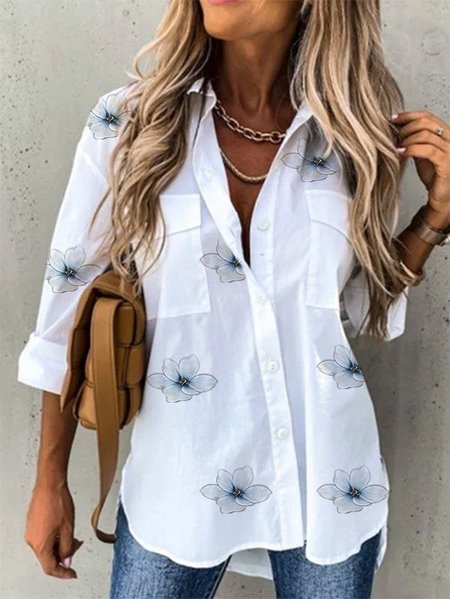 

Maniche Lunghe Stampato Floreale Vacanza Colletto a Camicia Top, Bianco, T-Shirts