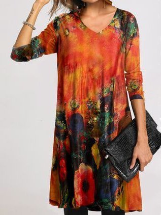 

Abito Scollo a V Casuale Maniche Lunghe A-line, Caramello, Mini Dresses