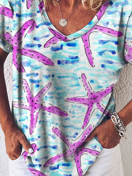 

Starfish V Neck Short Sleeve Cotton-Blend Shirts & Tops, Blue, T-shirts