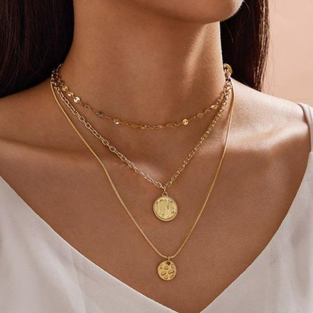 

Love Round Pendant Chain multi layer Necklace, Golden, Necklaces