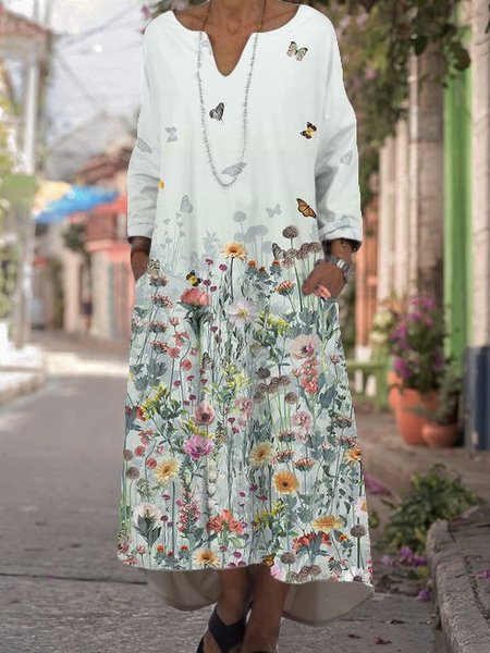 

Casual and simple floral print notched neck long-sleeved maxi dress, As picture, Maxi Dresses
