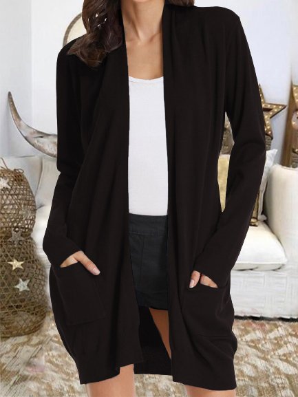 Solid Long Sleeve Pockets Plus Size Casual Knit coat, Black, Outerwear