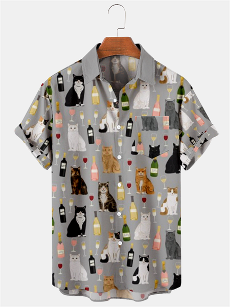 

Shirt Collar Cat Casual Shirts & Tops, Gray, Men's shirts