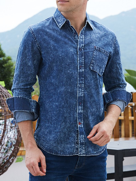 

Mens 100% Cotton Casual Pockets Denim Shirts, Denim blue, Men's basic shirt