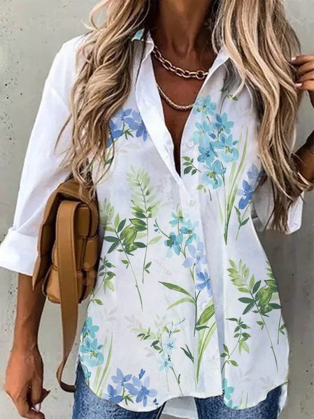 

Maniche Lunghe Vacanza Floreale Camicie & Top, Bianco, T-Shirts