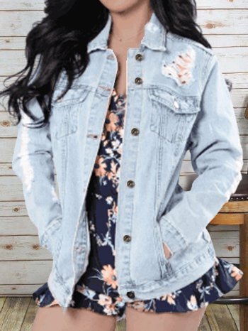 

Ripped Denim Long Sleeve Casual Pockets Jackets, Light blue, Jackets
