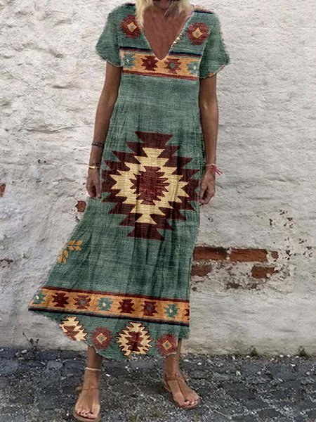 

Vintage Scollo a V Tribale Abito, Multicolore, Maxi Dresses