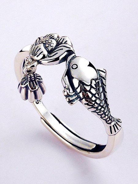 

Vintage casual silver fish and lotus shape opening adjustable ring, Rings