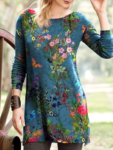 

Casual Floral Long Sleeve Crew Neck Shirts & Tops, Blue, Tunics