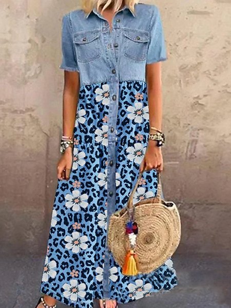 

Printed Short Sleeve Shift Casual Dresses, Blue, Maxi Dresses