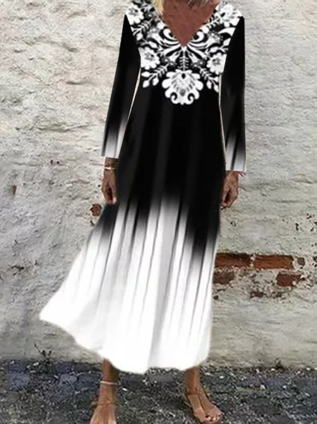 

Maniche Lunghe Misto Cotone Bohemian Astratto Abito, Nero-bianco, Maxi Dresses