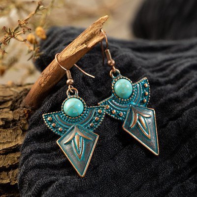 

Vintage Metal Earrings With Geometric Turquoise Earrings In Bohemian Style, Blue, Earrings