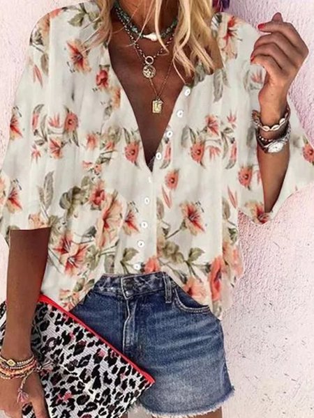 

Apricot V Neck Casual Floral Printed 3/4 Sleeve Shirts & Tops, Blouses & Shirts