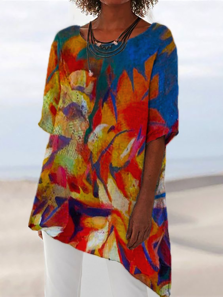 

Plus size Abstract Printed T-shirt, Red, Tops