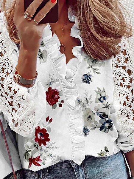 

Bianco Stampata Floreale Pizzo Panelled Maniche Lunghe Casuale Dritto Top, Blouses & Shirts