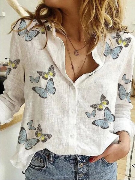 

Casuale Stampato Maniche Lunghe Camicie & Top, Bianco, Tops