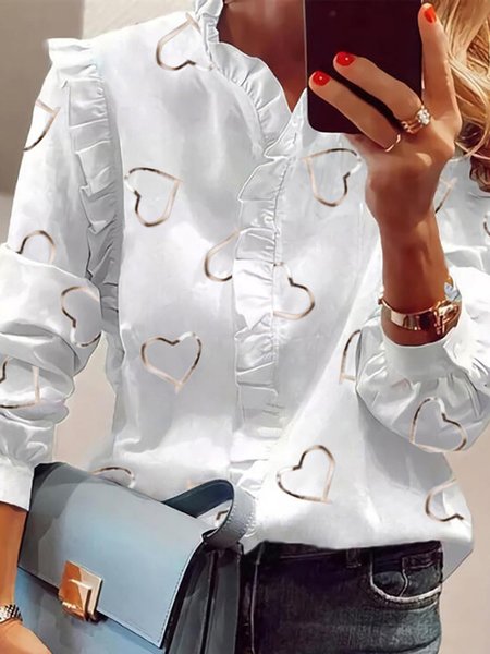 

Bianco Volant Stampato Casuale Vacanza Maniche Lunghe Dritto Dritto Top, Blouses & Shirts