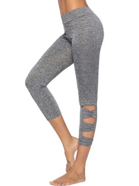 Sports Cutout Solid Plus Size Casual Leggings, Light gray, Leggings