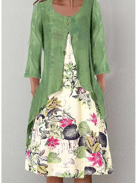

Casual Floral Tunic Round Neckline A-line Dress, As picture, Midi Dresses