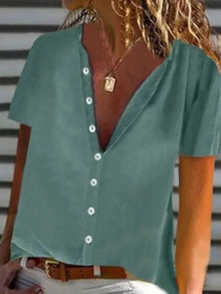 

Vintage Solido Maniche Corte Abbottonato taglia grande Casuale Camicie Top, Verde, Tops