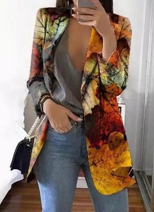 

Floral-Print Shawl Collar Casual Shift Outerwear, Yellow, Coats