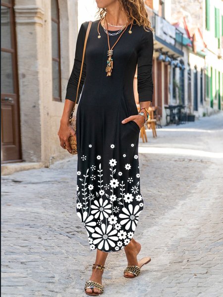 

Cotton-Blend Shift Long Sleeve Floral Dresses, Black, Floral Dresses