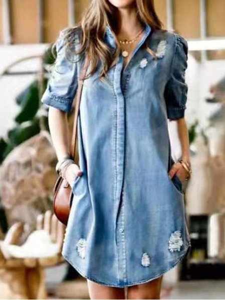 

Ripped Denim Casual Shirt Collar Half Sleeve Dresses, Blue, Casual Dresses
