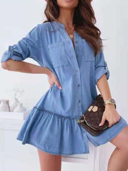 

Long Sleeve A-Line Denim Dresses, Blue, Casual Dresses