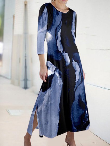 

Abstract 3/4 Sleeve Printed Long Dress, Blue, Maxi Dresses