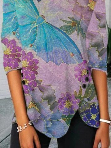 

Casual vacation Butterfly Print Long Sleeve Shirts & Tops, As picture, Tees & T-shirts