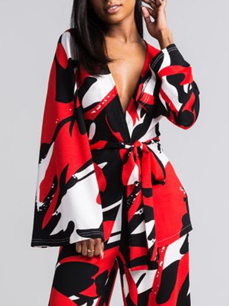 

V Neck Casual Long Sleeve Shirt With Belt, Red, Blouses and Shirts