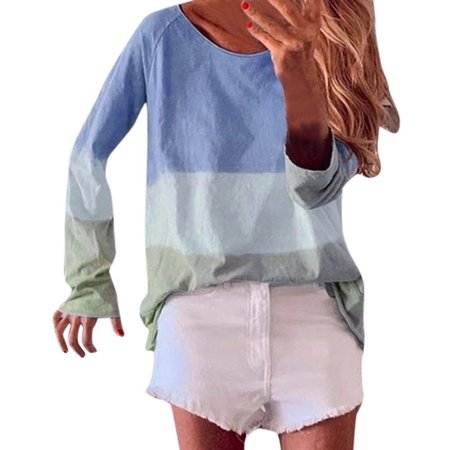 

Cotton-Blend Casual Crew Neck Long Sleeve Shirts & Tops, Blue, Tees & T-shirts