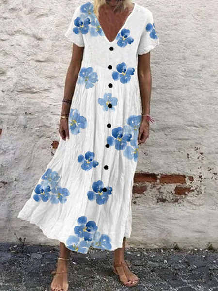 

Scollo a V Vacanza Stampato Maniche Corte Abito, Bianco, Summer dresses