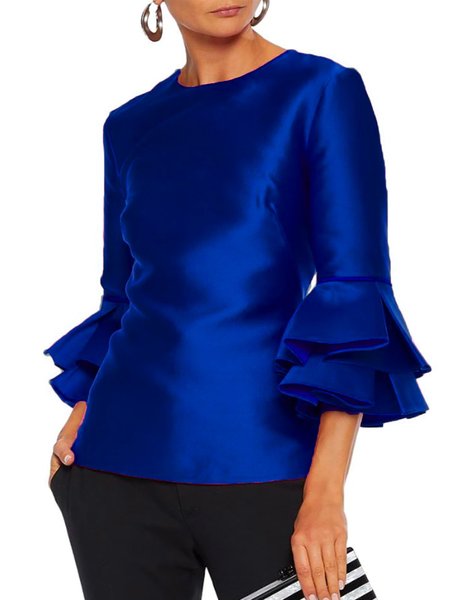 

Sheath Elegant Crew Neck Solid Top, Blue, Blouses and Shirts